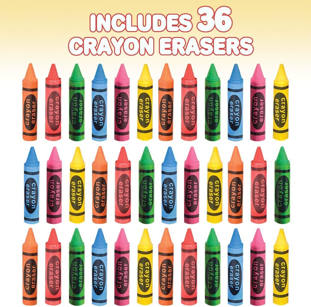 ArtCreativity 2.5 Inch Crayon Erasers for Kids - Set of 36 - Durable Pencil Rubbers in Assorted Colors - Unique School Stationery Supplies - Birthday Party Favors for Boys and Girls, Classroom Prize