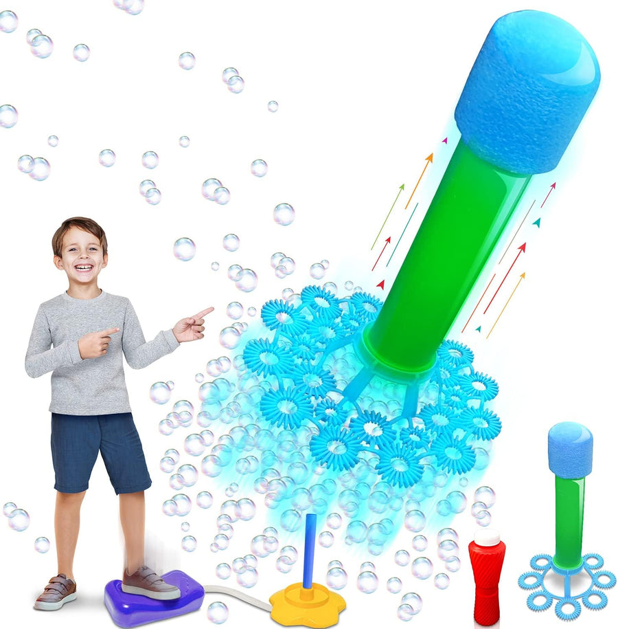 Bubble Rocket Launcher Toy Set, Includes 2 Bubble Rockets, Bubble Solution, Pump, and Base, Flying Bubble Blaster Rockets for Hours of Outdoor Fun, Bubble Maker Gift for Kids