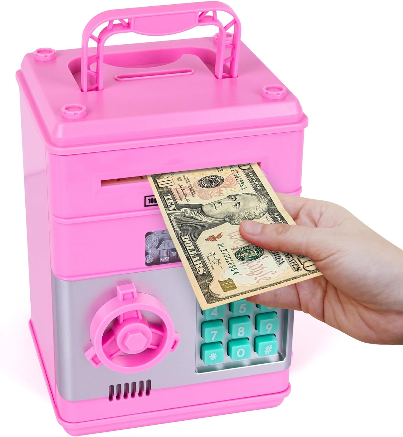ArtCreativity ATM Piggy Bank for Kids - Pink Piggy Bank for Girls - ATM-Style Bill Retracting and Coin Slot on Top - Passcode -Protected Electric Piggy Bank - Cool Kids ATM Machine for Early Savings