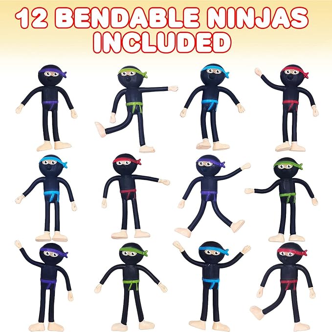 ArtCreativity Bendable Ninja Figures, Set of 12, Bendable Ninja Toys for Kids, Ninja Party Favors for Boys and Girls, Stress Relief Fidget Toys for Kids, Goodie Bag Stuffers, and Pinata Fillers