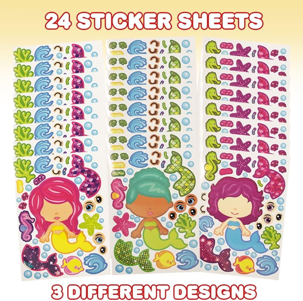 ArtCreativity Make Your Own Mermaid Sticker Set, 24 Sheets, Customizable Mermaid Stickers for Girls, Fun Crafts Classroom Activity, Mermaid Party Favors for Kids, Goodie Bag Fillers, Teacher Reward