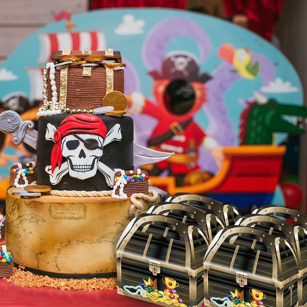 ArtCreativity Treasure Chest Treat Boxes for Candy, Cookies and Party Favors - Pack of 12 Cookie Boxes, Cute Cardboard Boxes with Handles for Pirate Birthday Party Favors, Holiday Goodies