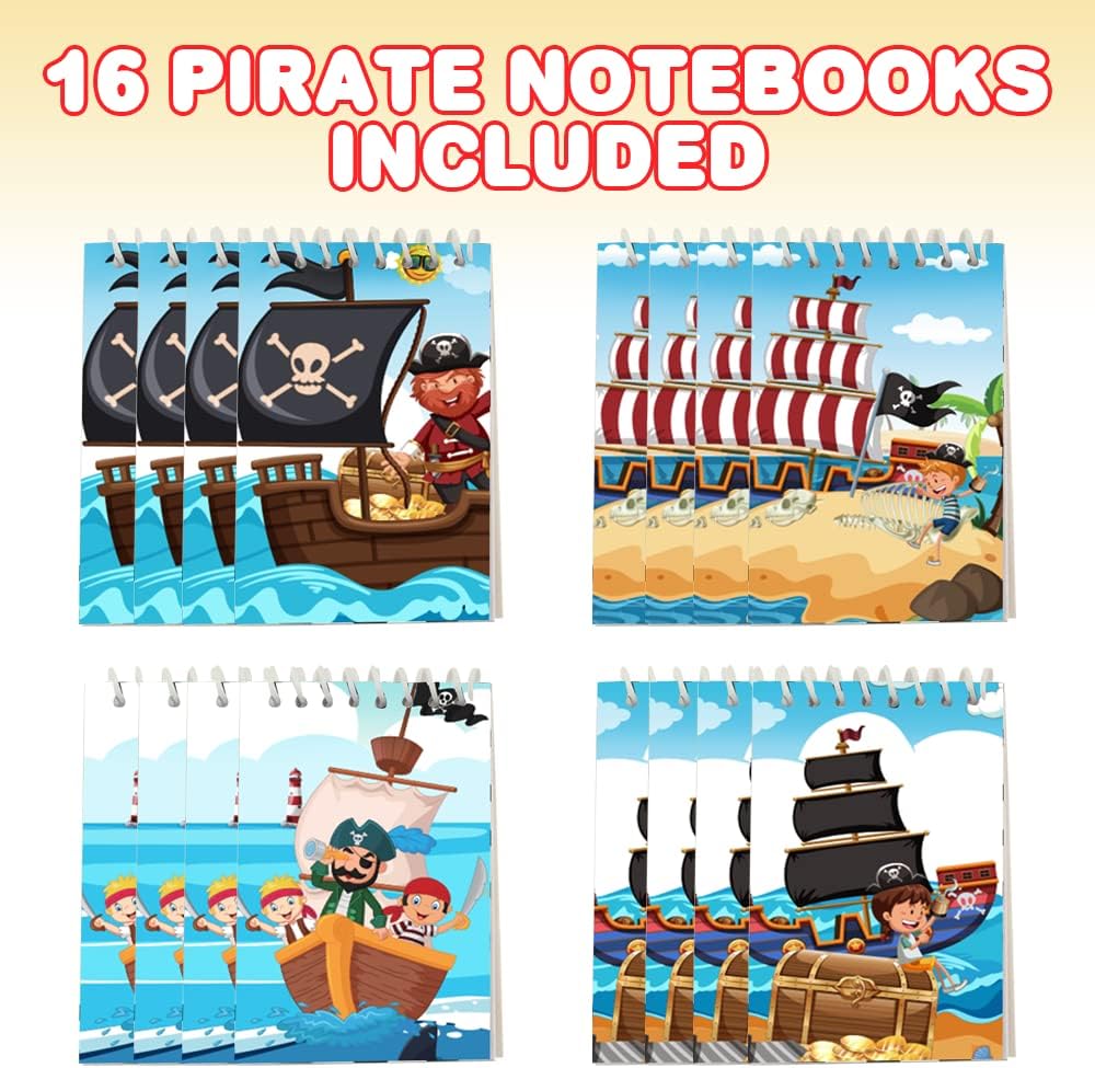 ArtCreativity Mini Pirate Notebooks, Pack of 16, Small Spiral Notepads with Colorful Covers, Cute Stationery Supplies for School and Office, Fun Birthday Party Favors, Goodie Bag Fillers for Kids