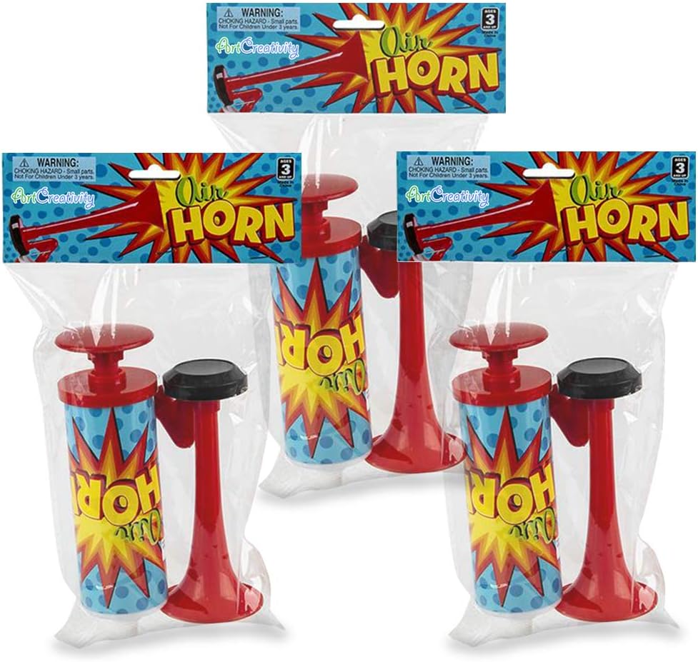 ArtCreativity Mini Air Horn Pump, Set of 3, 10 Inch Noisemakers for Sporting Events, Parties, Celebrations, Fun Birthday Party Favors and Goodie Bag Fillers for Kids and Adults