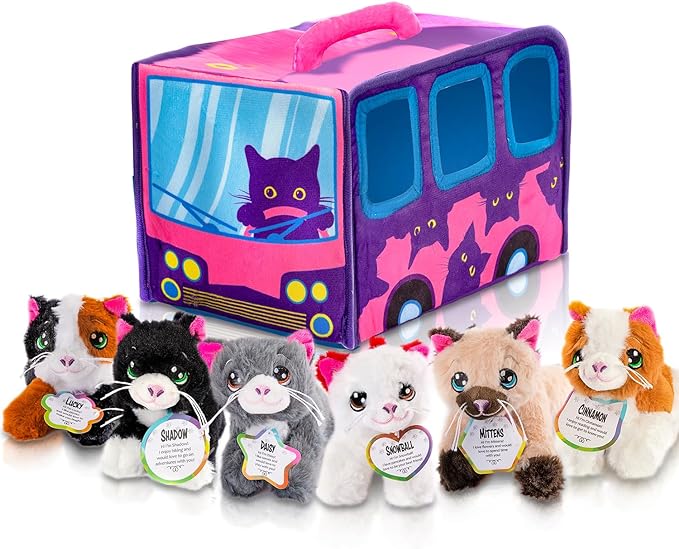 7-Piece Plush Cat Set, 6" Stuffed Animals Assortment with Carrier Bus, Cute Small Toys for Girls, Halloween, Classroom, Birthday Gifts Soft Plush Puppy