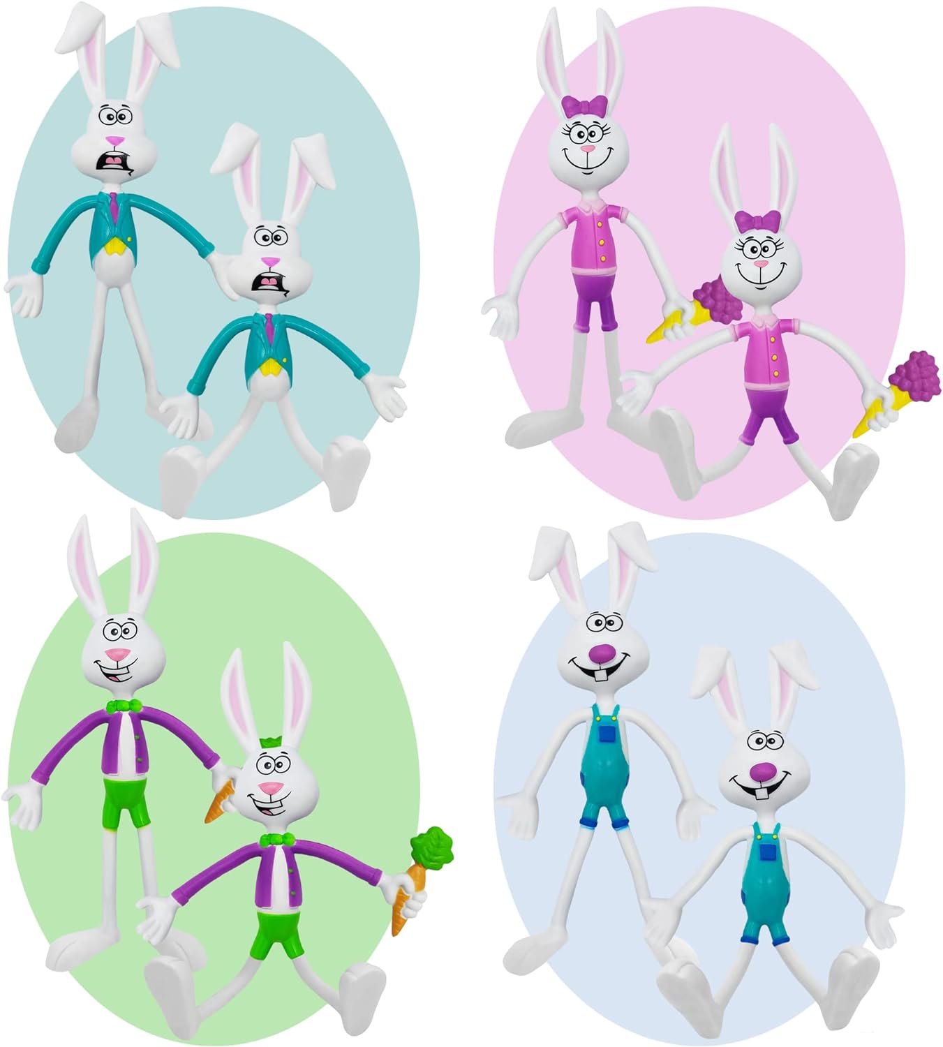 Bendable Bunny Fidget Toys, Set of 8, Stress Relief, 4 Colorful Designs, Carnival Party Favors & Pinata Stuffers