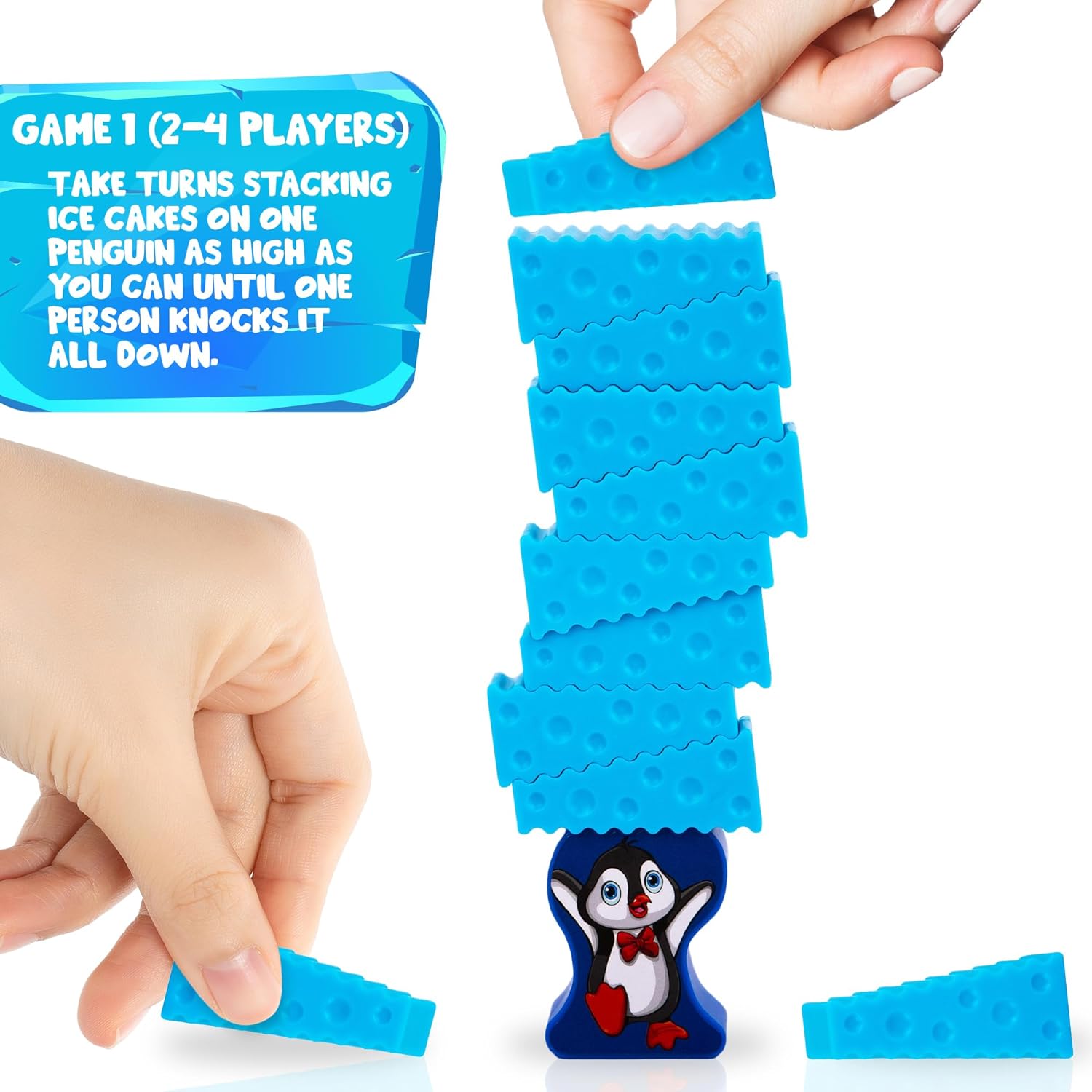 Gamie Stacking Penguin Ice Game for Kids - 20 Ice Stacking Toy Pieces, 2 Penguins, and Sticker Sheet - 3 Unique Challenges - Balancing Games for Family Night - Penguin Games for Toddlers