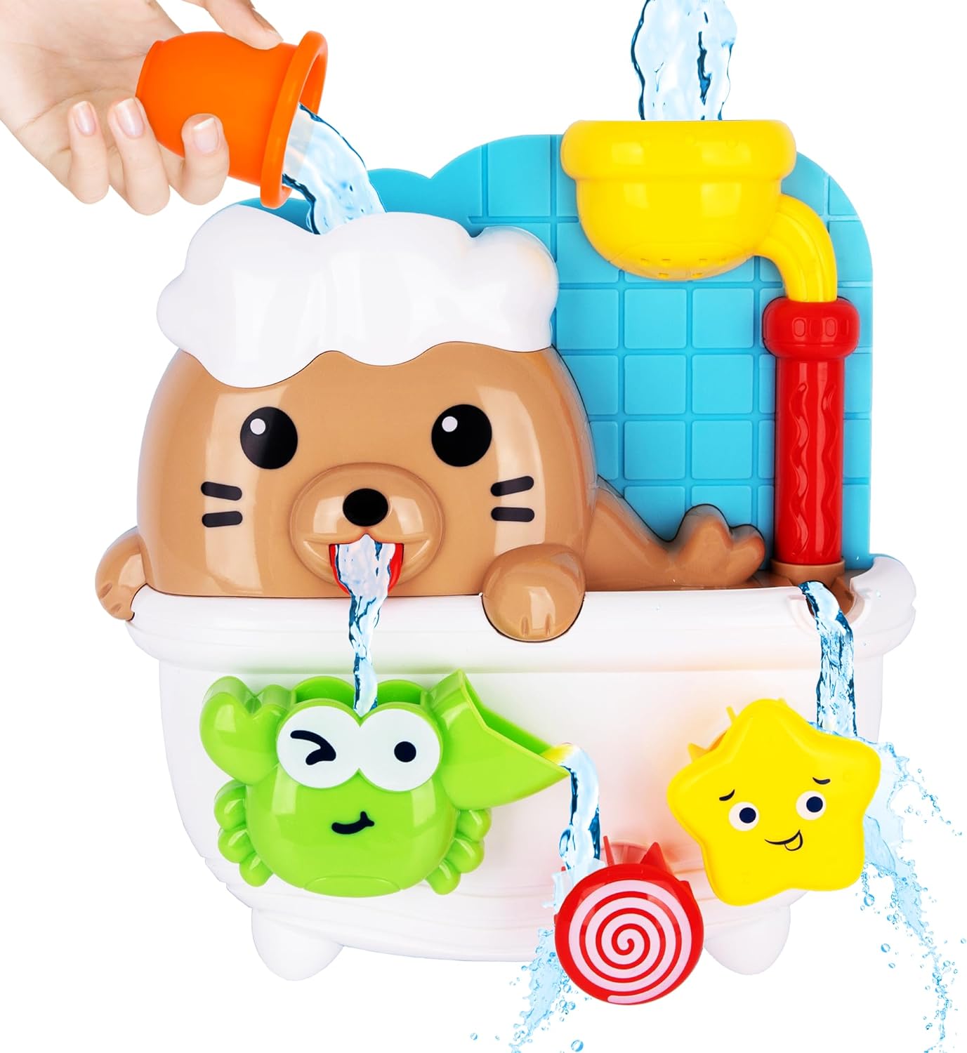 ArtCreativity Sea Lion Bath Toy for Kids - Waterfall Bath Toy with Bobbing Crab, Spinning Wheel, and Strong Suction Cups - Fun Suction Bath Toys for Toddler Tub Time Ages 1 2 3 4 5