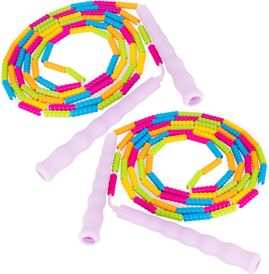 ArtCreativity Beaded Jump Rope for Kids - Pack of 2 Kids' Jump Ropes - Skipping Rope for Kids with Bright Pink Handles and Multi-Colored Beads - Outdoor Jump Rope for Girls 6 7 8 9