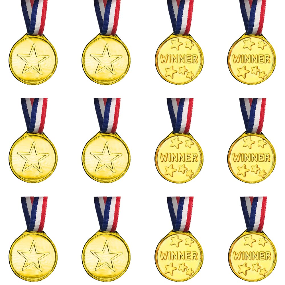 ArtCreativity Gold Prize Medal for Kids, Set of 12 Medals on Ribbon Necklaces, Olympic Style Metal Winner Awards for Sports, Talent Show, and Spelling Bee, Gymnastic Birthday Party Favors