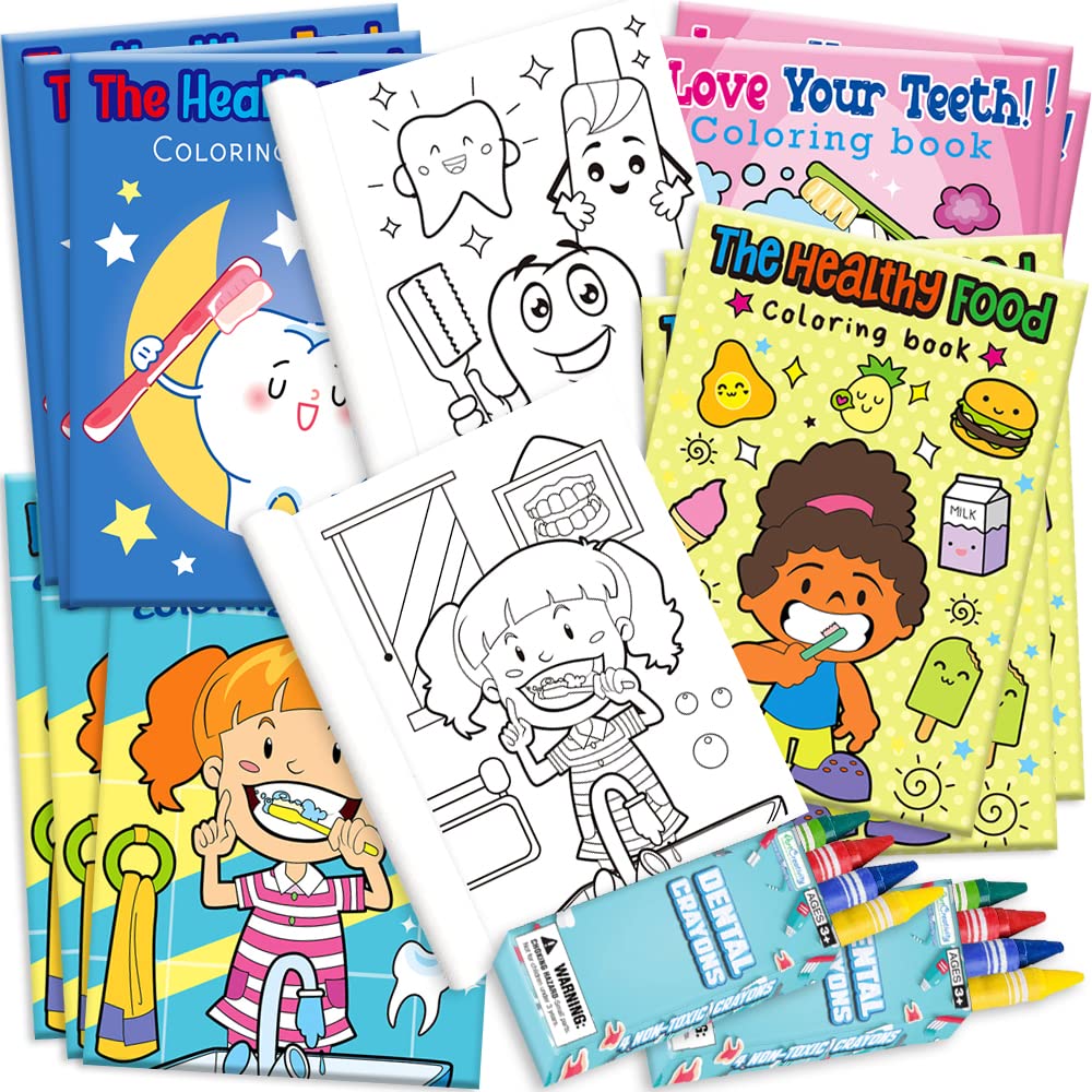 ArtCreativity Dental Coloring Book Kit for Kids - 12 Sets - Every Set Includes 1 Mini Color Book and 4 Crayons - Fun Birthday Party Favors, Sleepover Party Supplies, Great Gift Idea for Boys & Girls