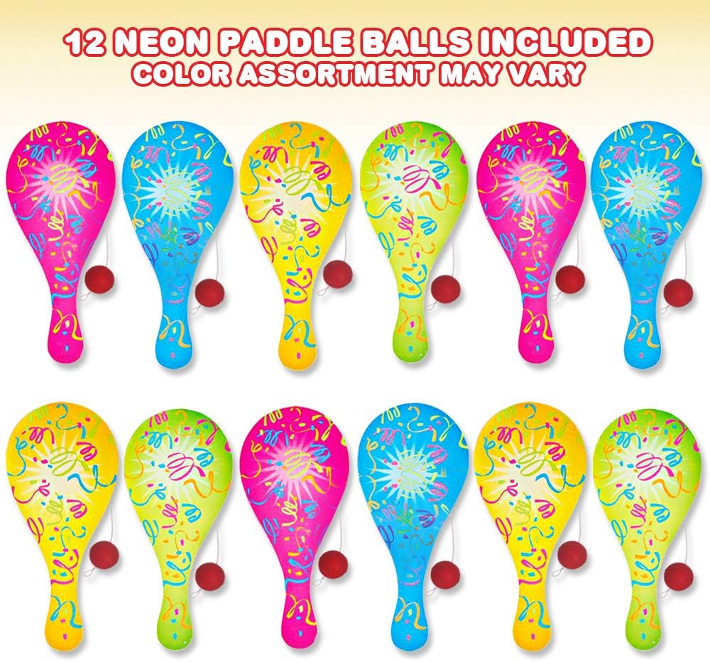 Neon Paddle Balls, Pack of 12, 9.25 Inch Plastic Paddleball with String, Assorted Bright Colors, Great Party Favors, Goodie Bag Fillers, Fun Activity Toys for Kids