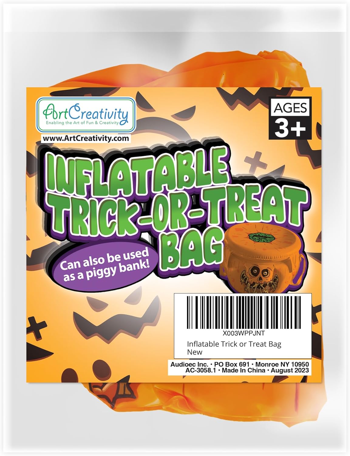 Inflatable Halloween Trick or Treat Bag - Kids Blow Up Halloween Candy Bag with Lid & Carry Straps - Doubles as Inflatable Halloween Candy Holder - Trick or Treat Bag for Boys & Girls
