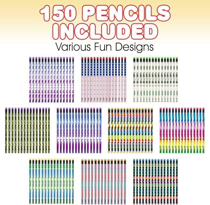 150 PC Pencil Assortment for Kids, Fun Assorted Number 2 Pencils, Bulk Wooden Writing Pencils with Erasers, Teacher Supplies for Classroom, Student Reward, Stationery Party Favors