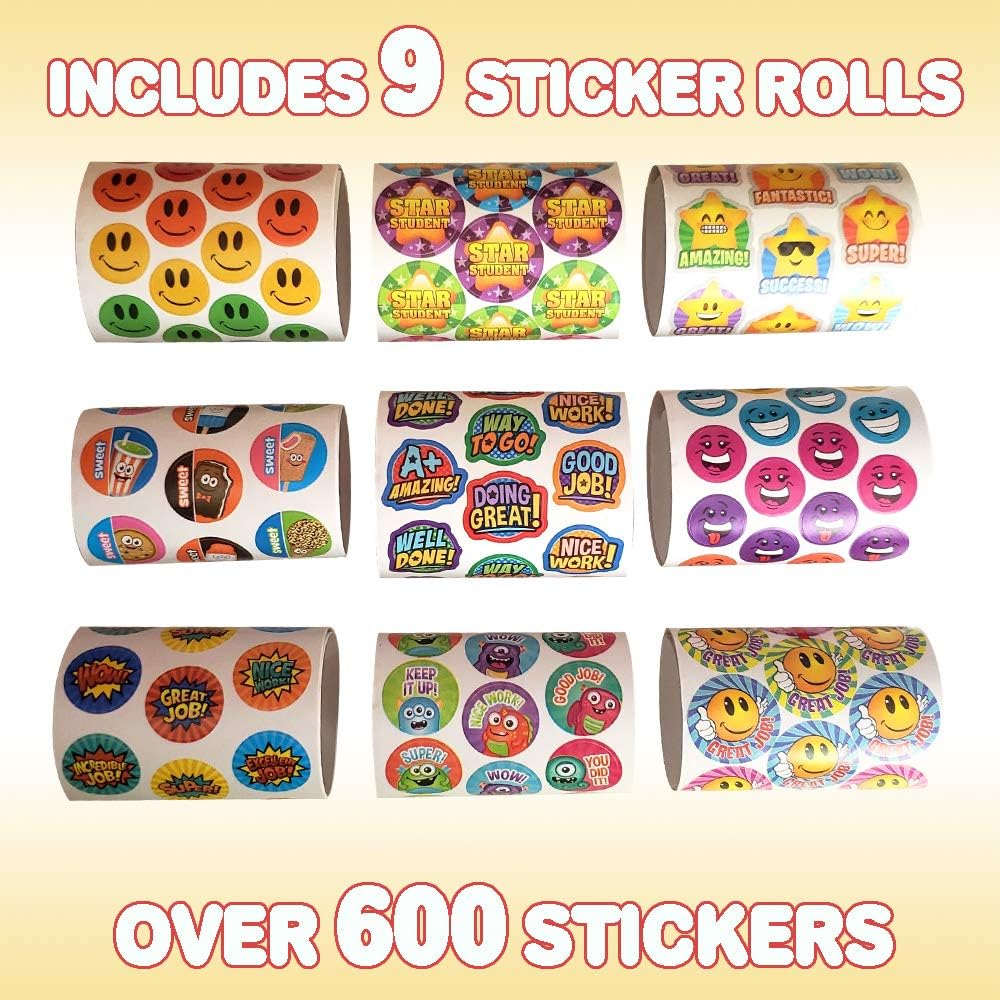 ArtCreativity Teacher Reward Stickers for Kids - 9 Rolls with Over 600 Stickers - Bulk Positive Reinforcement Student Rewards - Classroom Prize - Elementary, Kindergarten, Preschool School Supplies