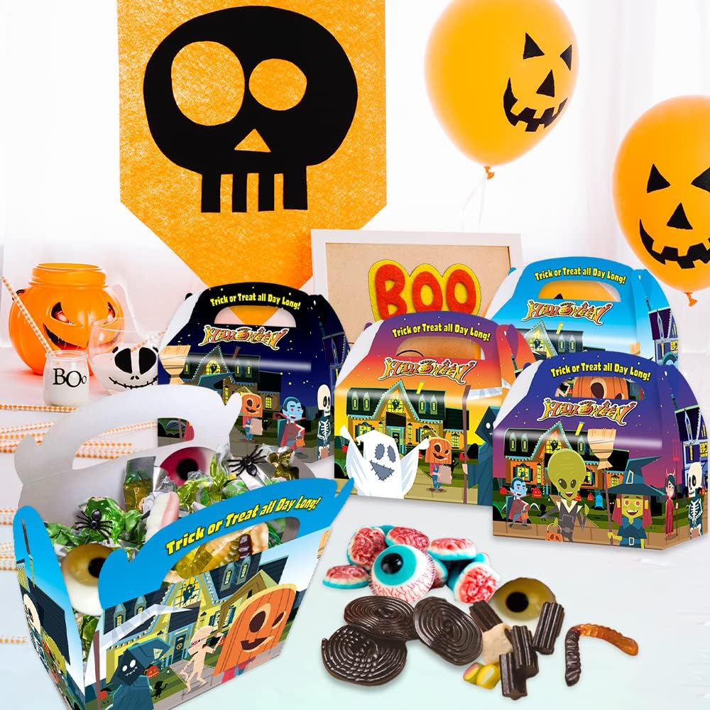 ArtCreativity Halloween Treat Boxes, Set of 12, Cardboard Paper Halloween Candy Boxes with Carry Handles, Adorable Trick or Treat Supplies, Halloween Goodie Bags for Sweets, Toys, Gifts, and More