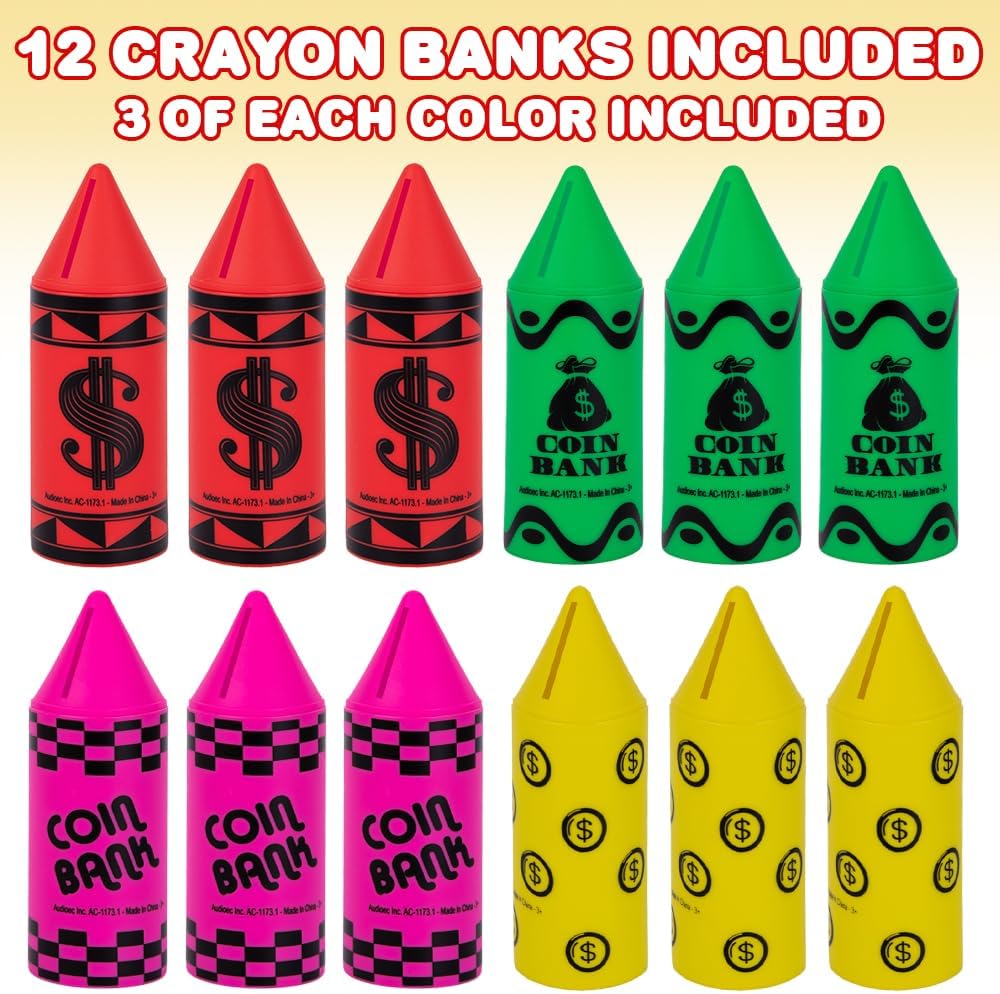 ArtCreativity Crayon Coin Bank for Kids, Set of 12, Fun Money Saving Piggy Banks for Loose Change, 4 Vibrant Colors, Crayon Birthday Party Favors, Best Goodie Bag Fillers for Boys and Girls, 6 Inch