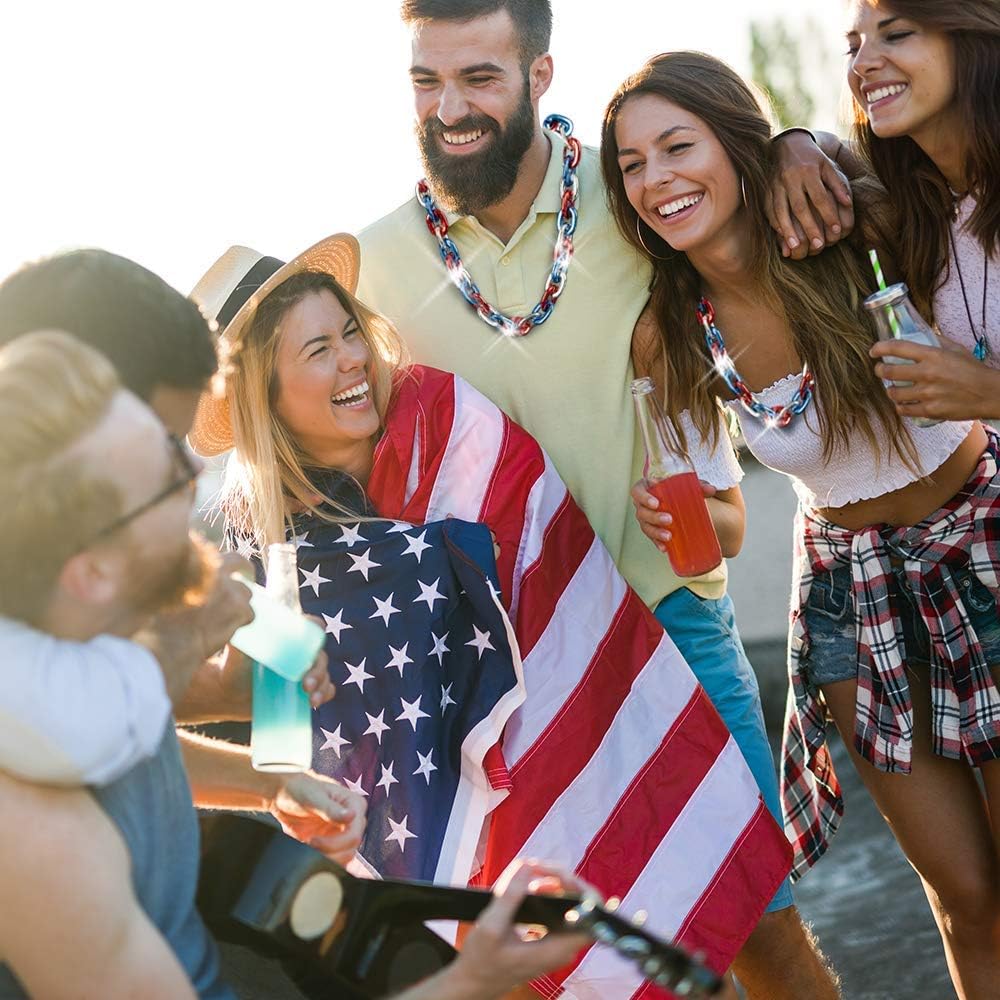 Light-Up Chunky Chain Patriotic Necklace, Big 38 Inch Chain, 4th of July Accessories for Women, Men, and Kids, Red, White, and Blue Decorations for Memorial and Independence Day