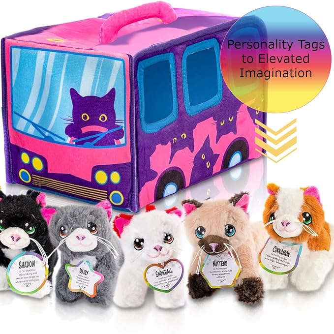 7-Piece Plush Cat Set, 6" Stuffed Animals Assortment with Carrier Bus, Cute Small Toys for Girls, Halloween, Classroom, Birthday Gifts Soft Plush Puppy