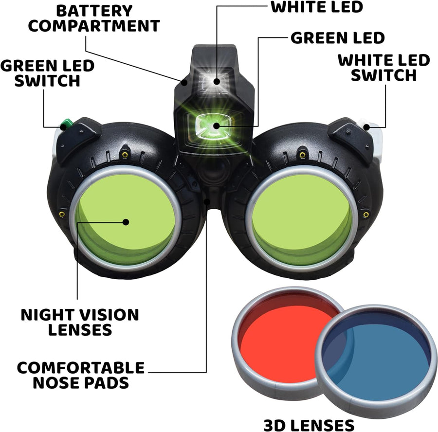 Night Vision Glasses for Kids, Spy Gear Kids Spy Glasses with LED Light Beam, Kids’ Night Mission Glasses for Secret Agent Role Play, Bonus: 6 3D Photo Cards & Red/Blue Lenses for Immersive Viewing