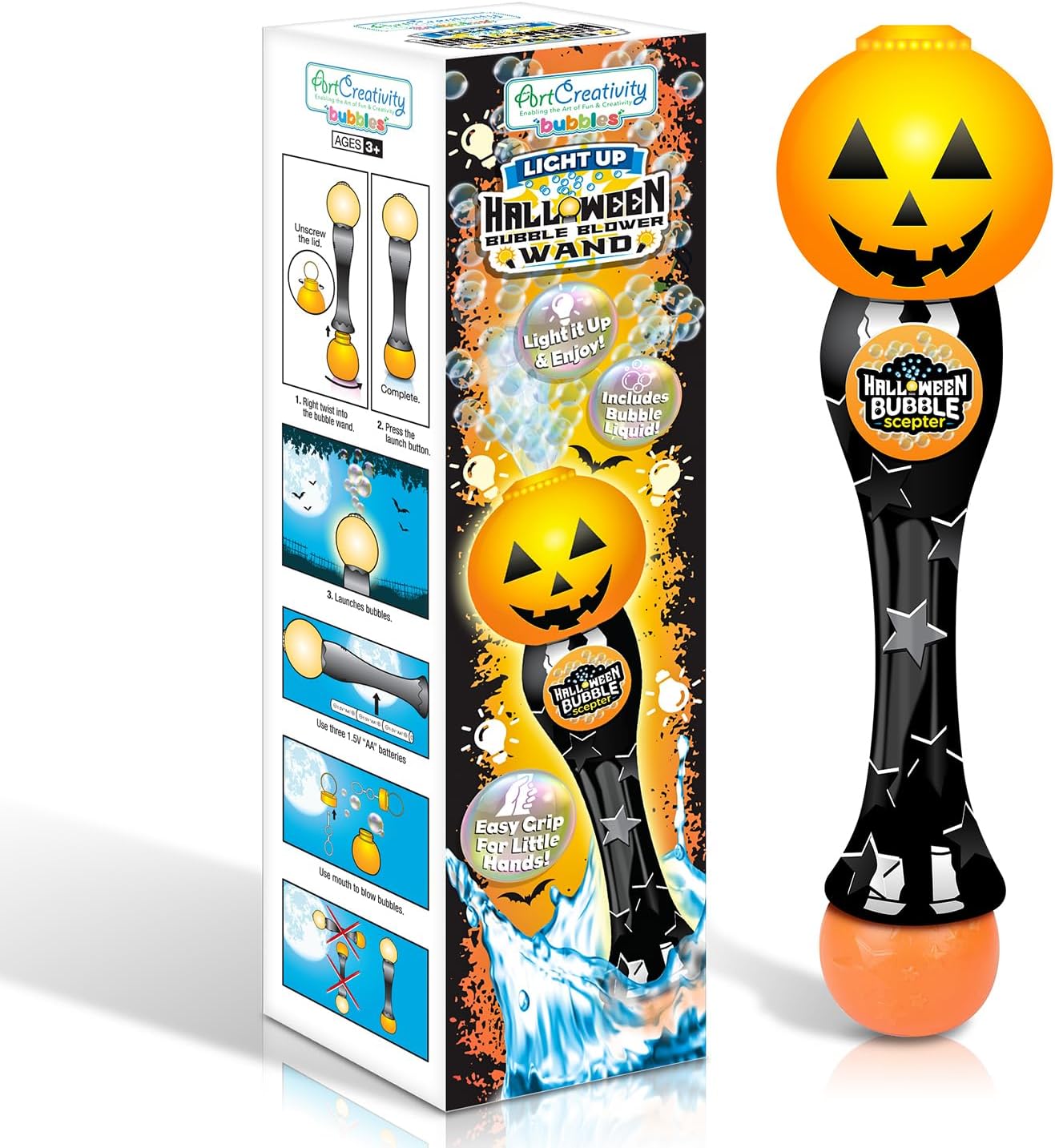 ArtCreativity Halloween Bubble Wand, 14" Illuminating Bubble Wand for Kids, Halloween Light up Pumpkin Bubble Blower Wand with Thrilling LED & Sound Effect, Halloween Toys for Kids