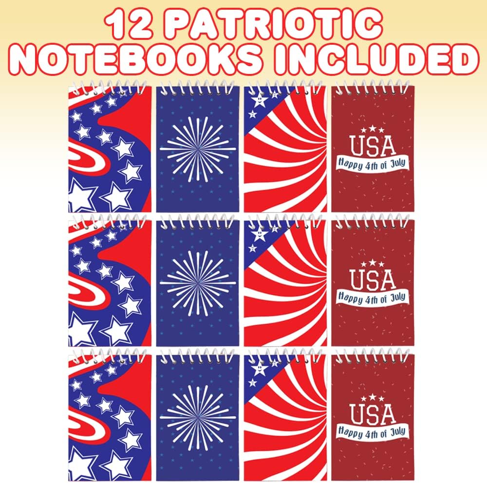 ArtCreativity Mini Patriotic Notepads, Pack of 12, Small Red, White, and Blue Notebooks with Assorted Patriotic Designs, Party Favors for July 4th, Memorial and Veterans Day