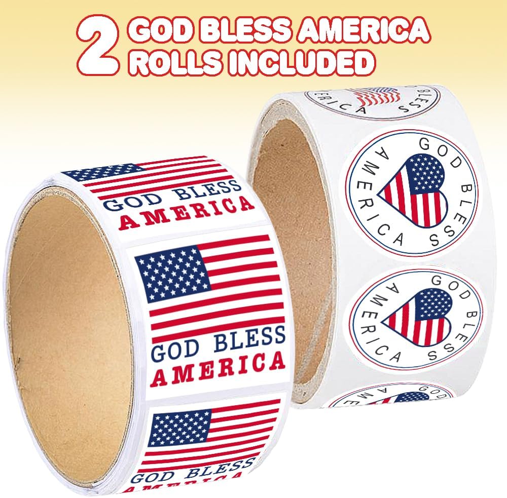 ArtCreativity USA American Flag Patriotic Stickers, 2 Rolls with 200 God Bless America Stickers Total, Red White and Blue Decorations for 4th of July, Memorial, Veteran’s, and US Flag Day