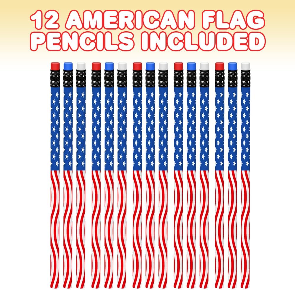 ArtCreativity American Flag Pencils, Set of 12, Cool Patriotic Writing Pencils with Erasers, 4th of July Party Favors, Patriotic Party Goody Bag Fillers, Teacher Supplies for Classroom