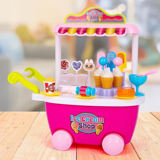 ArtCreativity Pretend Play Toy Ice Cream Cart for Kids - 28-Piece Ice Cream Play Set with Attachable Food Items, Lights, and Sounds - Play Ice Cream Cart Toy for Kids - Gift for Ages 3 Plus