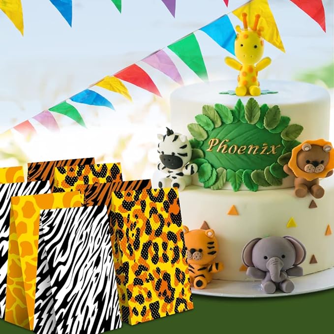 ArtCreativity Safari Theme Party Favor Bags - Pack of 12 - Animal Print Goody Gift Bags with 4 Designs - Durable Treat Goodie Bags - Zoo, Jungle Party Supplies for Birthday, Baby Shower