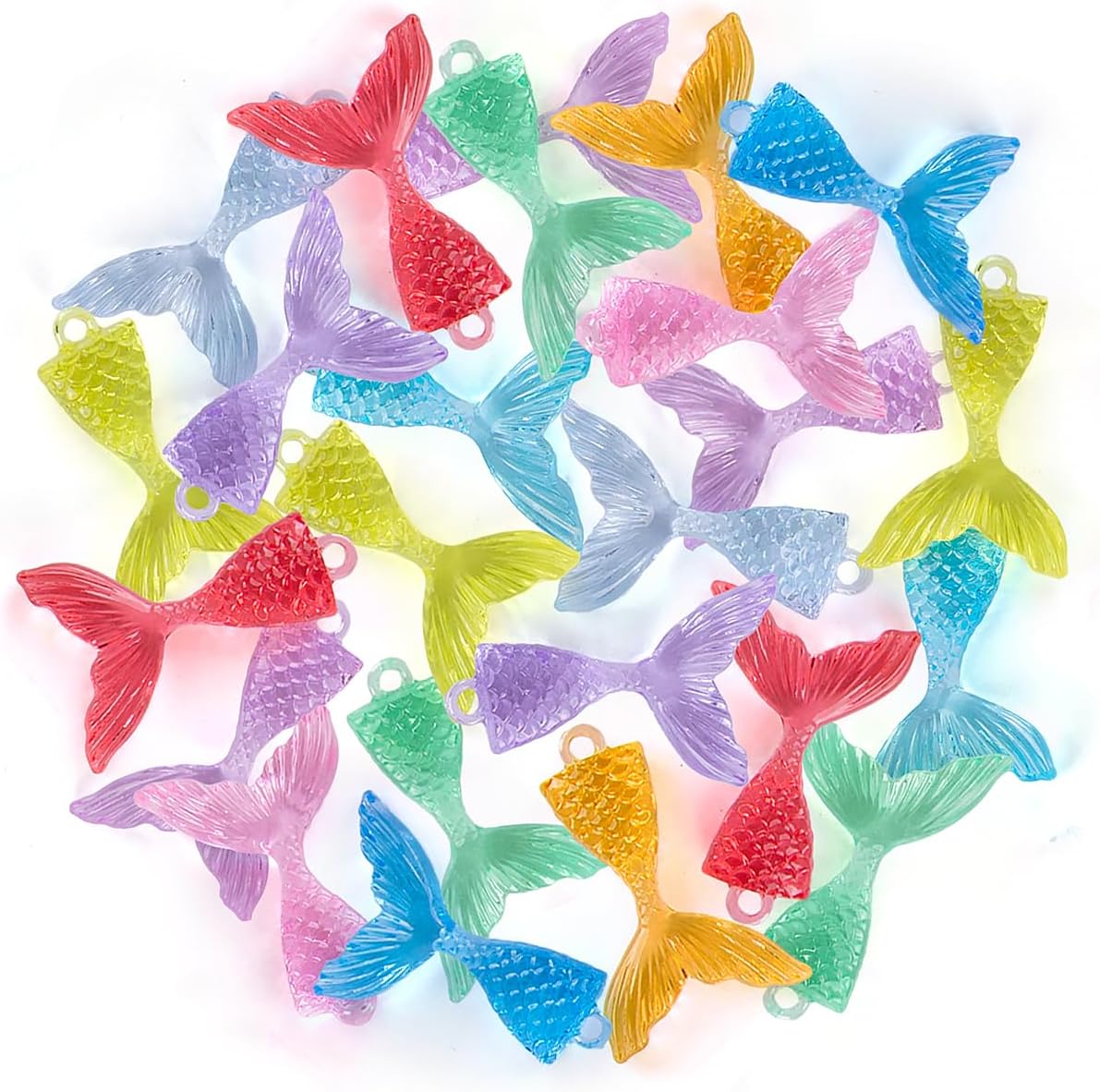 Acrylic Mermaid Tail Charms - Set of 24 - Mermaid Charms in 10 Assorted Colors - Mermaid Cake Topper Set with a Crystal Look - Mermaid Crafts for Necklaces, Earrings, and Keychains