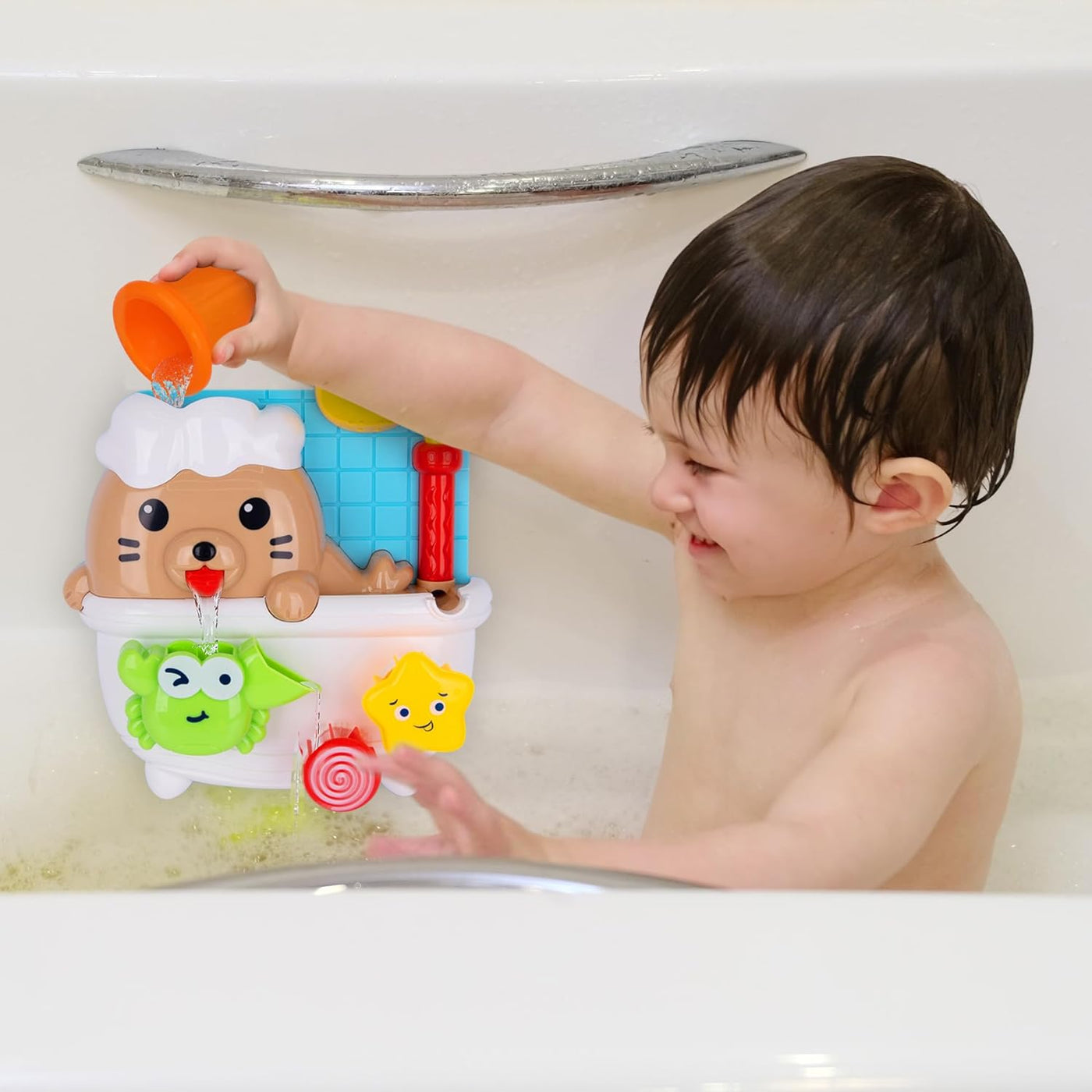 ArtCreativity Sea Lion Bath Toy for Kids - Waterfall Bath Toy with Bobbing Crab, Spinning Wheel, and Strong Suction Cups - Fun Suction Bath Toys for Toddler Tub Time Ages 1 2 3 4 5