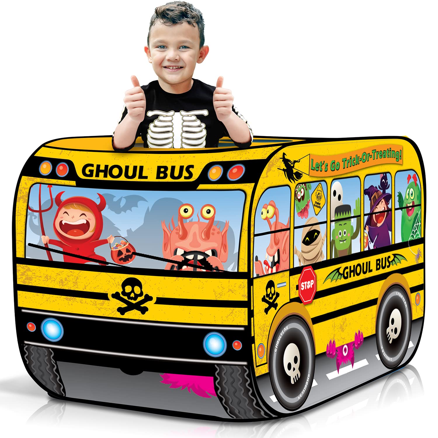 ArtCreativity Ghoul School Bus Pop Up Tent, Halloween Tent for Kids with a Carry Bag, Halloween Pop Up Playhouse Tent for Hours of Fun, Great Indoor Halloween Decorations