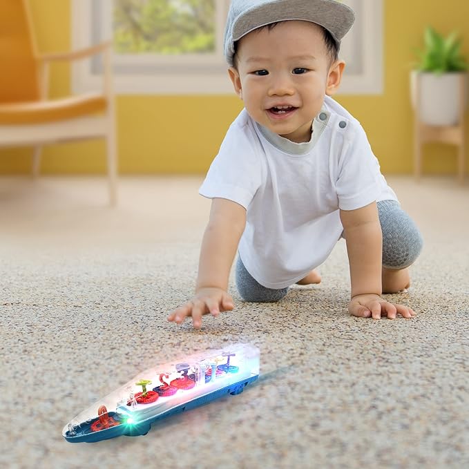 Light Up Transparent Train Toys For 3 Year Old Boys, Train Gifts For Boys, Bump and Go Electric Train For Kids with Colorful Moving Gears, Music, LED, Alphabets and Numbers, Train For 3+ Year Old Boys