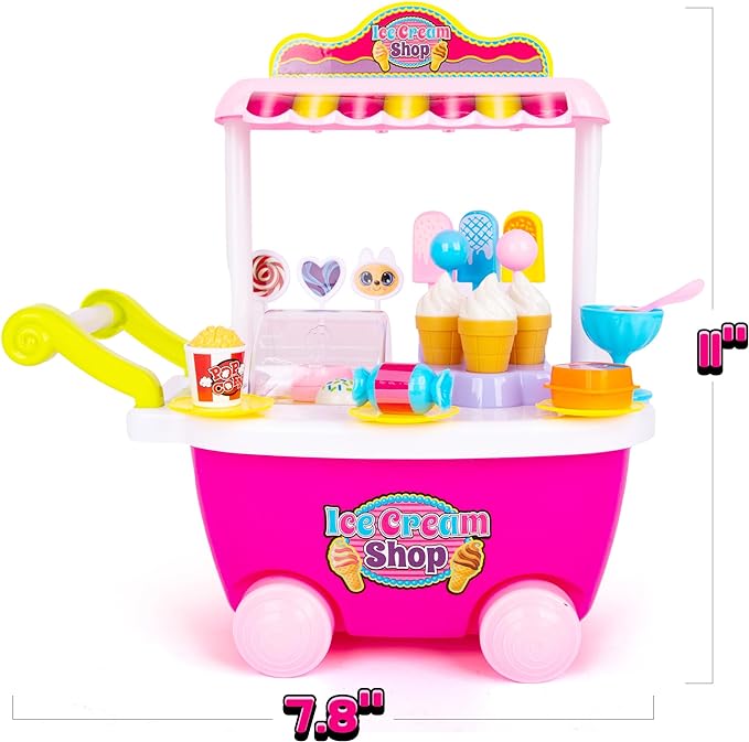 ArtCreativity Pretend Play Toy Ice Cream Cart for Kids - 28-Piece Ice Cream Play Set with Attachable Food Items, Lights, and Sounds - Play Ice Cream Cart Toy for Kids - Gift for Ages 3 Plus