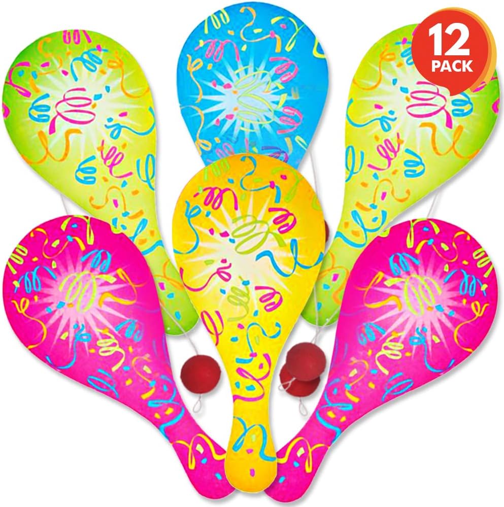Neon Paddle Balls, Pack of 12, 9.25 Inch Plastic Paddleball with String, Assorted Bright Colors, Great Party Favors, Goodie Bag Fillers, Fun Activity Toys for Kids