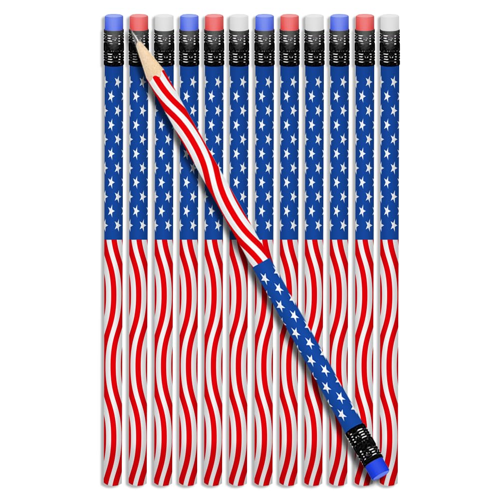 ArtCreativity American Flag Pencils, Set of 12, Cool Patriotic Writing Pencils with Erasers, 4th of July Party Favors, Patriotic Party Goody Bag Fillers, Teacher Supplies for Classroom