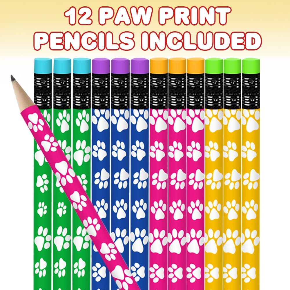 ArtCreativity Paw Print Pencils for Kids - Set of 12 - Wooden Writing Pencils in Assorted Colors with Erasers, Animal Theme and Dog Birthday Party Favors, Teacher Supplies for Classroom