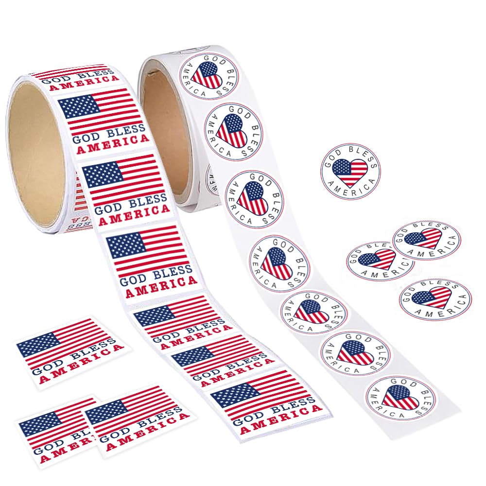 ArtCreativity USA American Flag Patriotic Stickers, 2 Rolls with 200 God Bless America Stickers Total, Red White and Blue Decorations for 4th of July, Memorial, Veteran’s, and US Flag Day