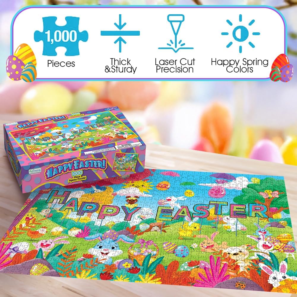 Easter Jigsaw Puzzle - 27.5" x 19.6" - 1000 Piece Painted Easter Egg Puzzle for Kids and Adults Enhances Logical Thinking - Family Easter Gifts Supplies - Cute Easter Decor Idea