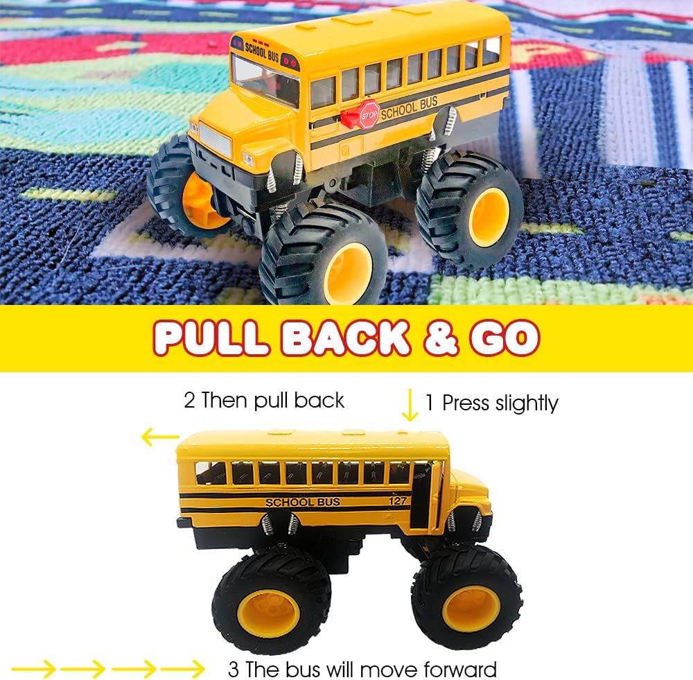 ArtCreativity 5 Inch Pullback School Bus Toy Set - Set of 2 - Includes 2 Yellow School Buses with Monster Wheels - Diecast Bus Playset with Pullback Mechanisms - Great Gift Idea for Boys and Girls