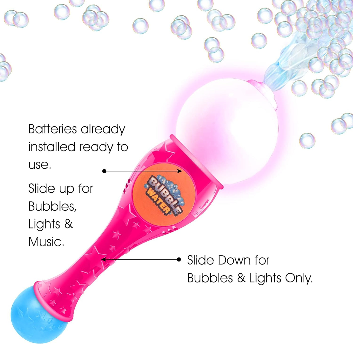 ArtCreativity Light Up Bubble Blower Wand, 13.5 Inch Illuminating Bubble Blower Wand with Thrilling LED & Sound Effect for Kids, Bubble Fluid & Batteries Included, Great Gift Idea, Party Favor - Pink