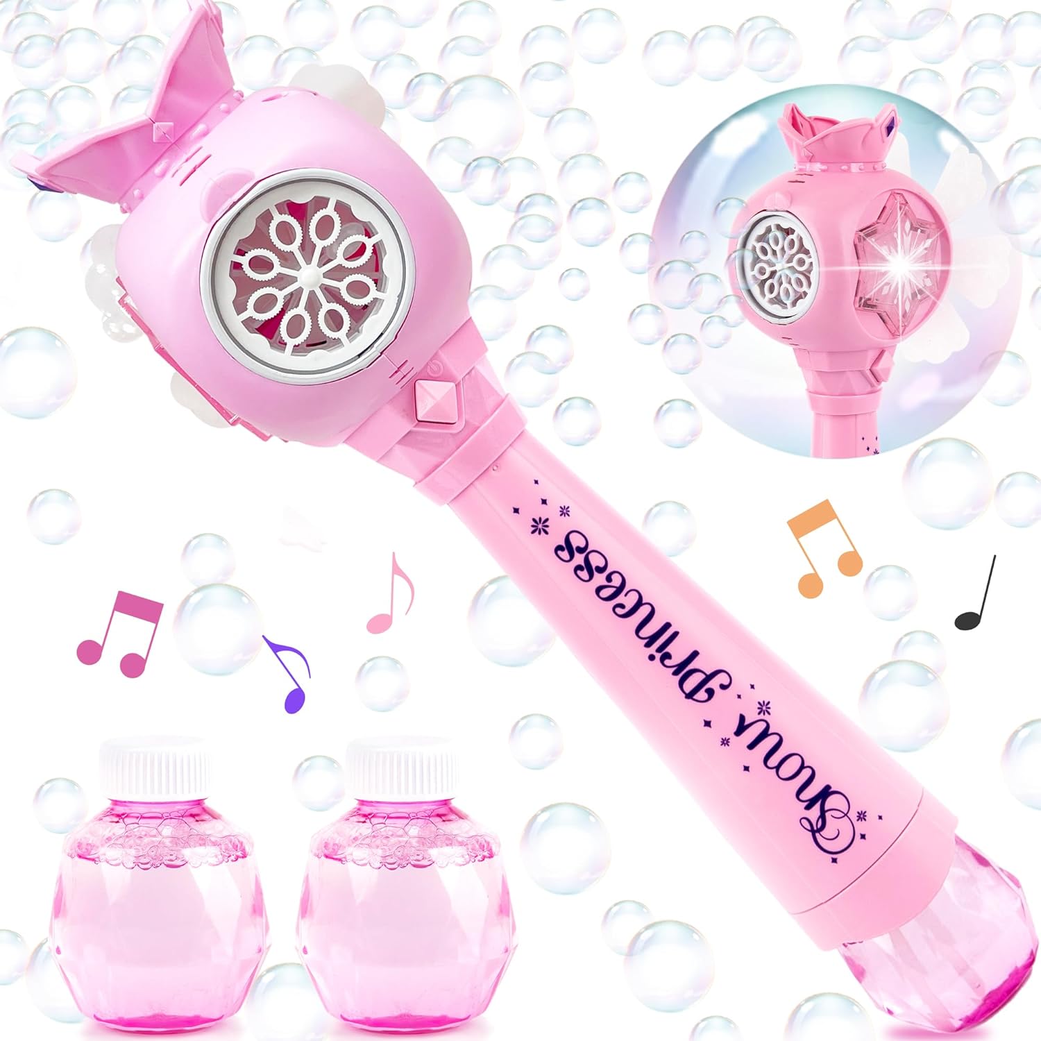 ArtCreativity Light Up Princess Magic Bubble Blower Wand with Detachable Windmill, Princess Wand for Girls with 2 Bottles of Bubble Solution, LED Effects, & Music, Fun Pretend Play Prop, Birthday Gift