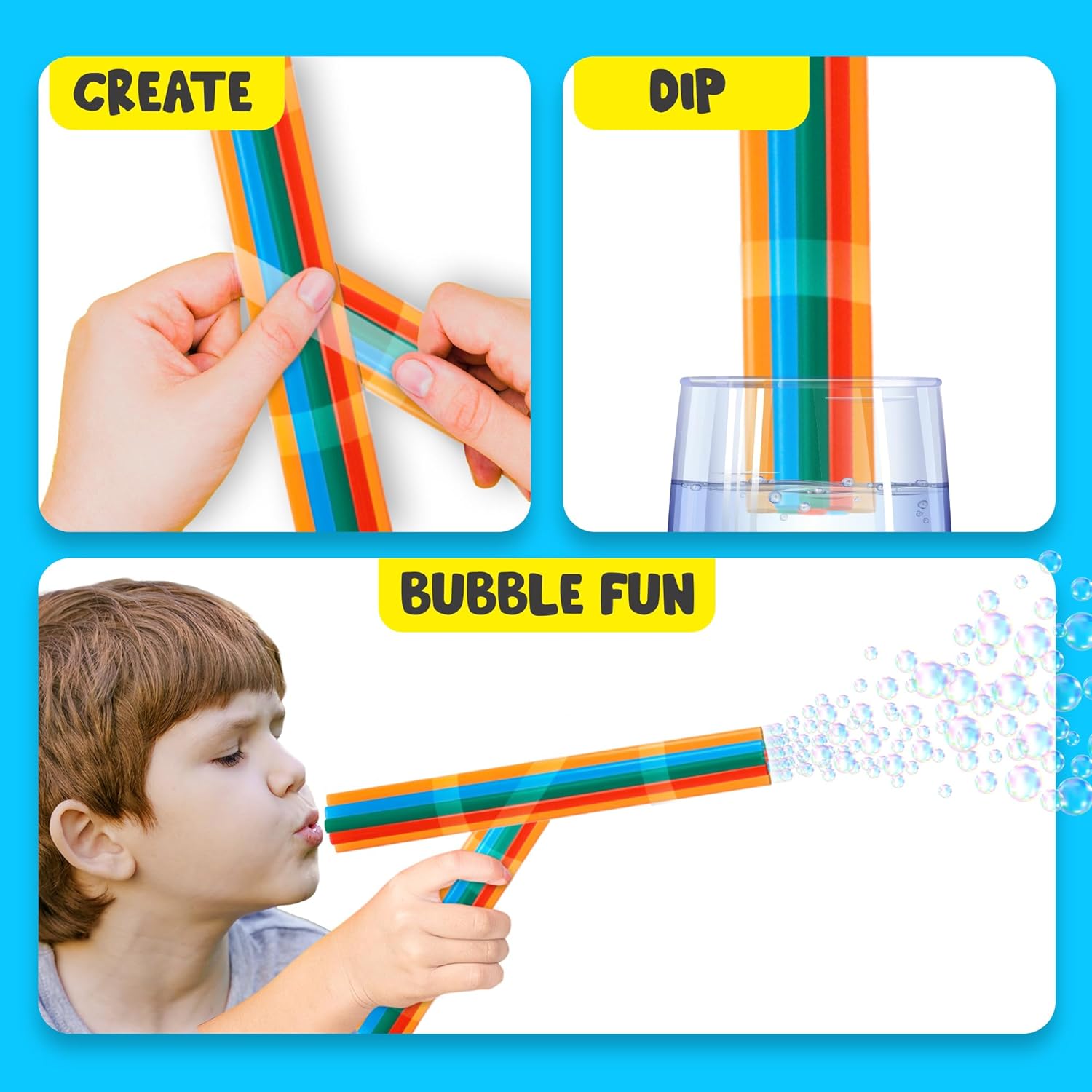 Bubble Straws by ArtCreativity - DIY Bubble Wand Craft for Kids - Set of 300 Straws, Bubble Solution and How-to Guide - - Bubble Wand Craft for Toddlers in 6 Colors - Bubble Blower Craft Ages 4-10