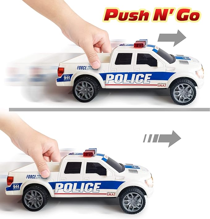 ArtCreativity Police Car Pickup Truck with LED Headlights and Sirens, Police Car Toys for Boys 3-5, Light-Up Push and Go Police Car Toy, Police Monster Trucks, Toy Trucks for Kids