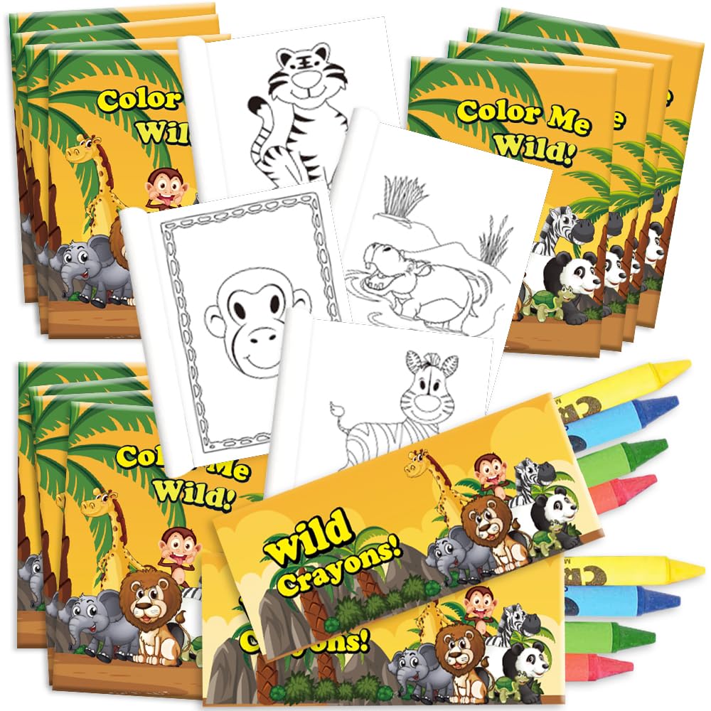 ArtCreativity Zoo Animal Mini Coloring Book Kit (12 Sets) Each Set Includes 1 Small Color Book and 4 Crayons- Zoo Theme Party Favors, Sleepover Party Supplies, Coloring Activity for Boys & Girls