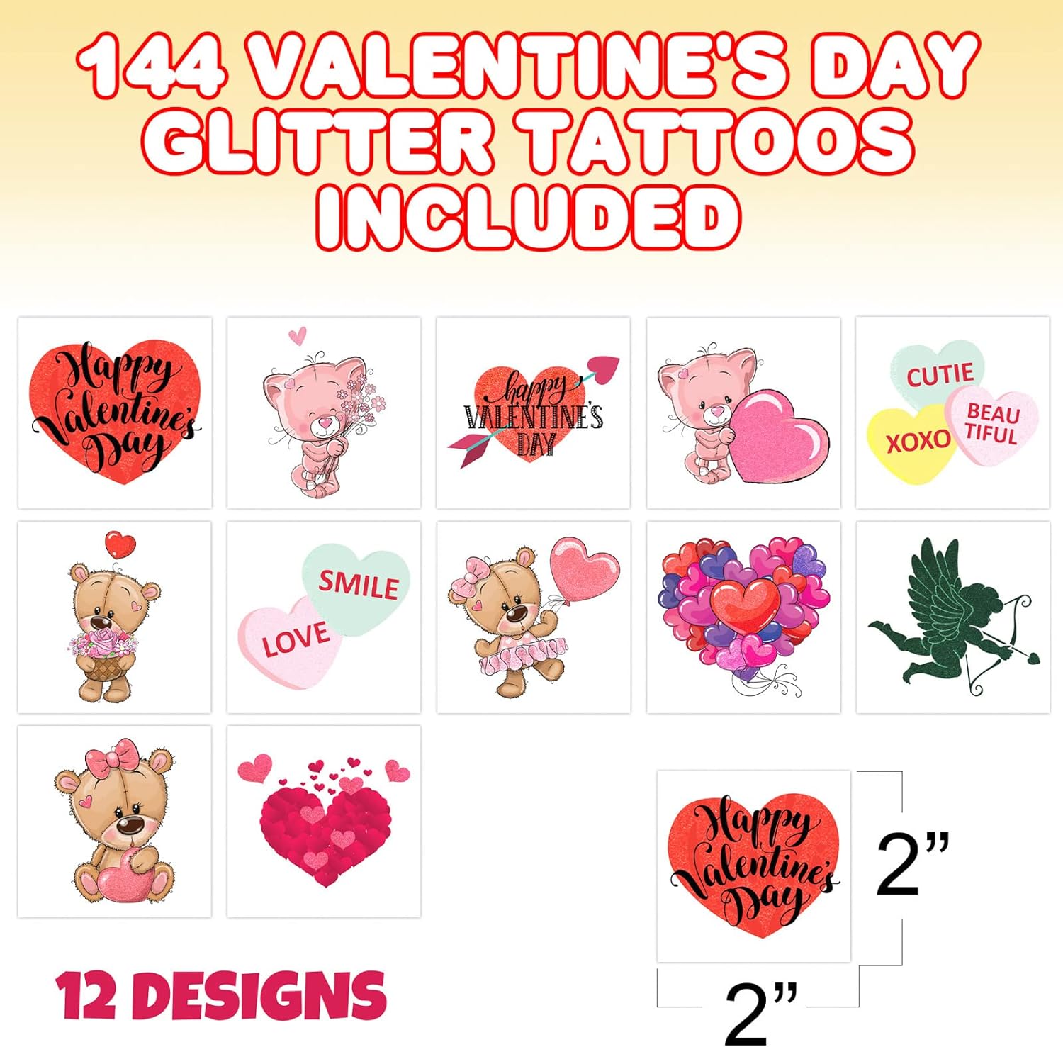 ArtCreativity Valentines Glitter Tattoos for Kids, 144 Pack, Temporary Tattoo Valentines Day Party Favors in 12 Cute Designs, Valentines Gifts for Kids, Class Rewards, and Goodie Bag Fillers