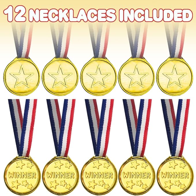 ArtCreativity Gold Prize Medal for Kids, Set of 12 Medals on Ribbon Necklaces, Olympic Style Metal Winner Awards for Sports, Talent Show, and Spelling Bee, Gymnastic Birthday Party Favors