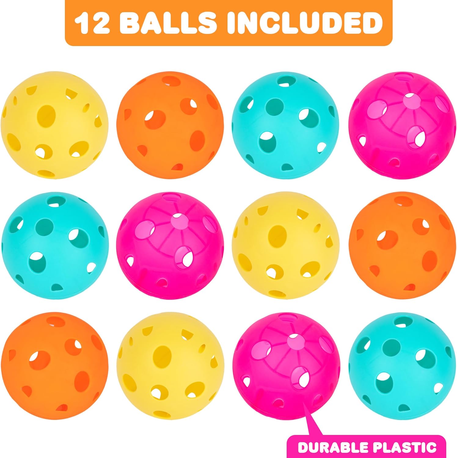 ArtCreativity Bulk Wiffle Balls (12 Pack) - Set of 12 Wiffle Ball Baseballs - Plastic Balls in 4 Vibrant Colors - Durable Design for Hours of Outdoor Fun - Main Game Sold Separately