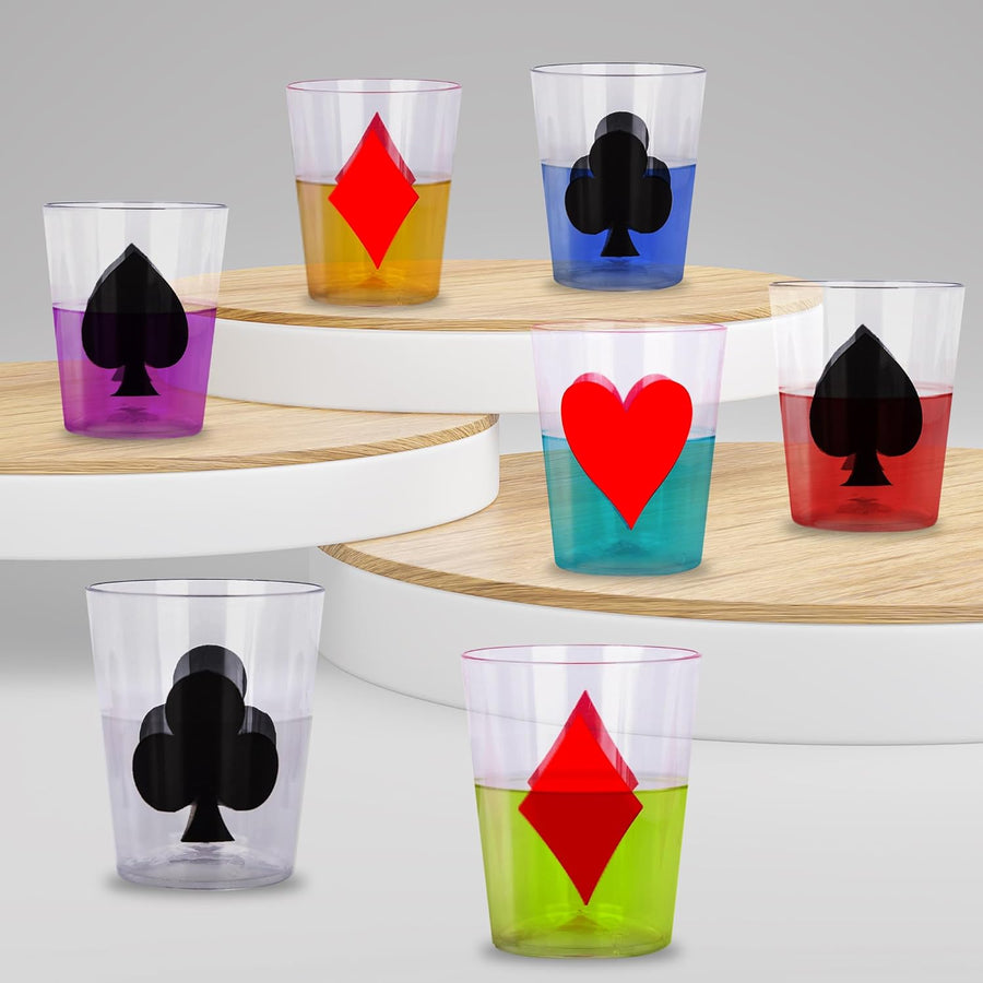 Casino Themed 1 Oz Plastic Shot Glasses - Set of 24 1 Oz Shot Cups - Durable Plastic Shot Glasses with Diamonds, Spades, Clubs, and Hearts Design - Casino Party Favors - Vegas Party Decorations